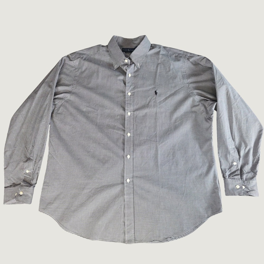 Polo Ralph Lauren Mens Gingham Shirt Black White Classic Fit 17.5 34/35 Cotton